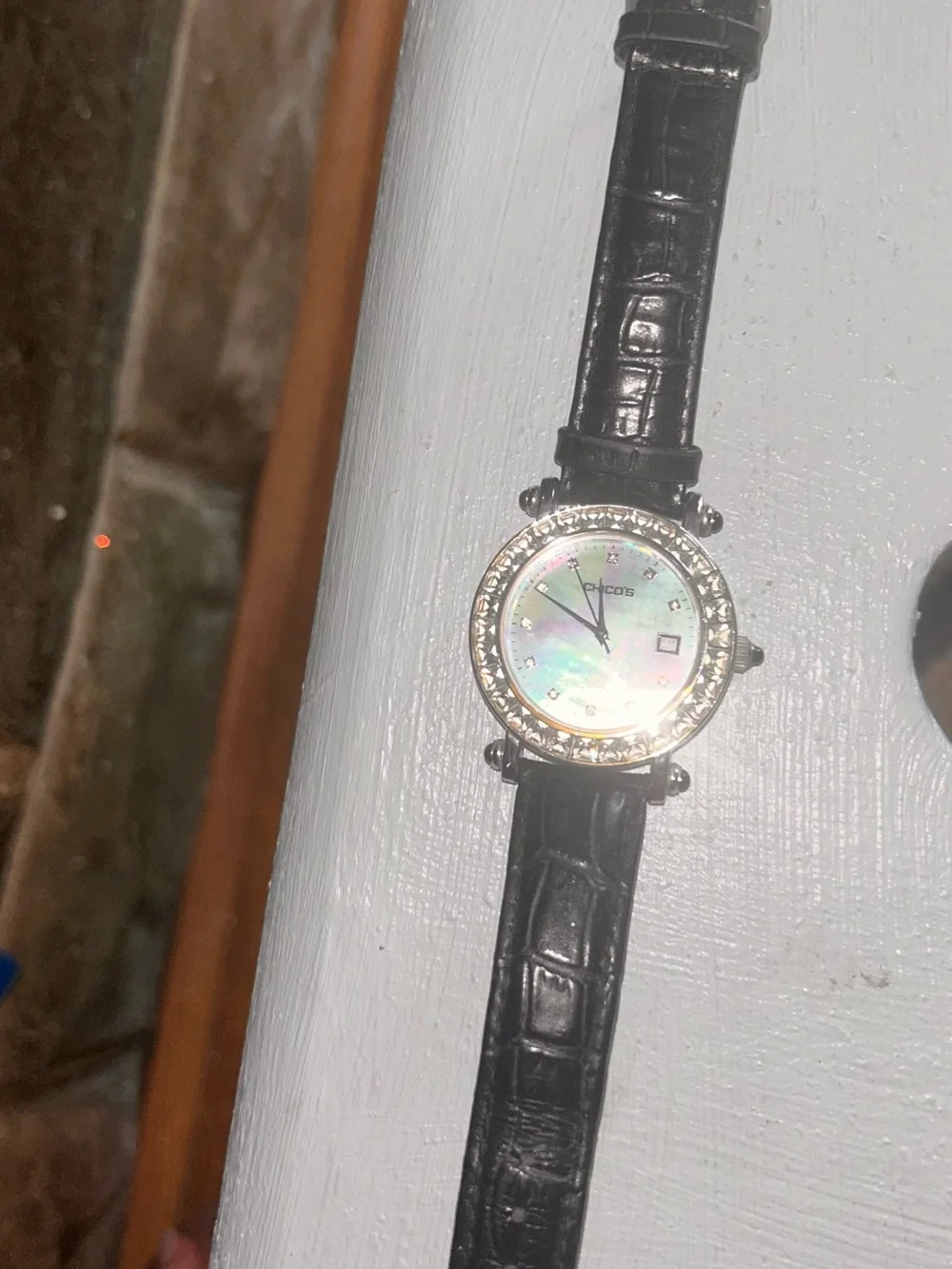 Womens Chicos Watch with rhinestone circled face on Leather Strap
